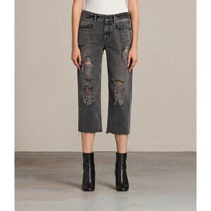 All Saints Ivy Destroy Boy Black Cropped Distressed Jeans 25